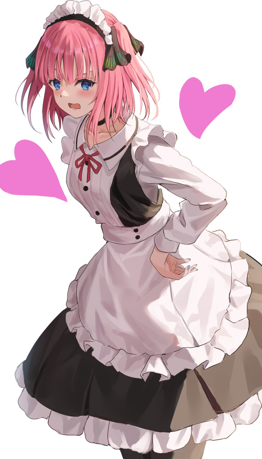 1girl alternate_costume apron black_choker black_dress black_ribbon blue_eyes blush butterfly_hair_ornament choker dress enmaided glaring go-toubun_no_hanayome hair_ornament hair_ribbon hands_on_own_hips heart highres long_sleeves looking_at_viewer maid maid_apron maid_headdress nail_polish nakano_nino neck_ribbon open_mouth pink_hair raikun_raikun red_ribbon ribbon short_hair simple_background solo two_side_up white_background
