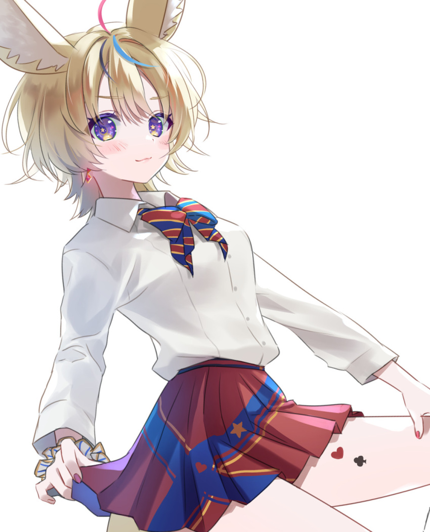 1girl animal_ear_fluff animal_ears black_hair blonde_hair blue_bow blue_bowtie blue_hair blue_skirt blush bow bowtie closed_mouth clothes_lift collared_shirt cowboy_shot diagonal-striped_bowtie dress_shirt earrings fox_ears fox_girl highres hololive jewelry light_smile long_sleeves looking_at_viewer luma8b miniskirt multicolored_bowtie multicolored_clothes multicolored_hair multicolored_skirt nail_polish official_alternate_costume official_alternate_hair_length official_alternate_hairstyle omaru_polka omaru_polka_(4th_costume) pink_hair pink_nails pleated_skirt red_bow red_bowtie red_skirt school_uniform shirt short_hair simple_background skirt skirt_lift solo star-shaped_pupils star_(symbol) streaked_hair symbol-shaped_pupils violet_eyes virtual_youtuber white_background white_shirt yellow_pupils