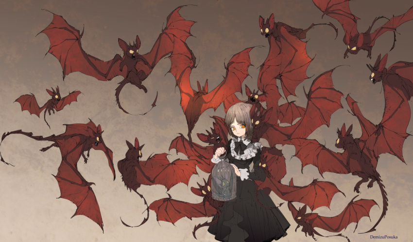 1girl artist_name bat_(animal) black_dress brown_background brown_hair cage closed_mouth cowboy_shot demizu_posuka dress expressionless gothic_lolita gradient_background holding holding_cage lolita_fashion long_sleeves looking_at_viewer medium_hair multicolored_clothes multicolored_dress orange_eyes original simple_background solo standing wide_shot