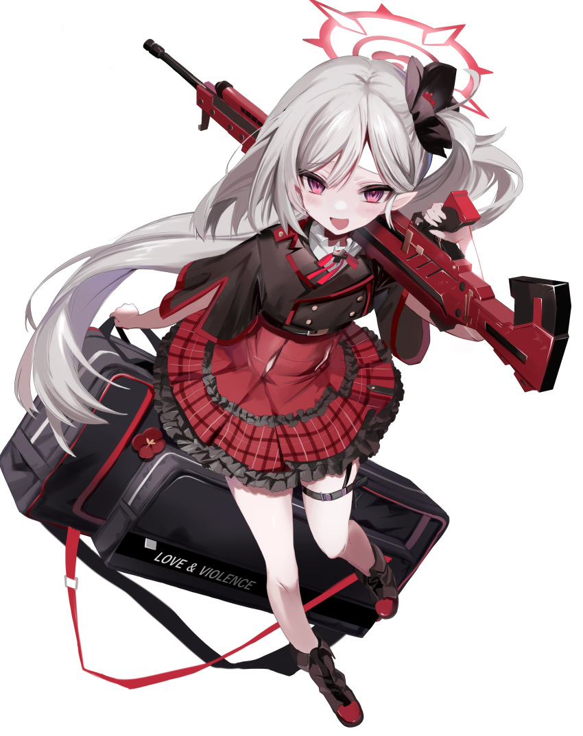 1girl absurdres bag belt blue_archive full_body grey_hair gun h&amp;k_mg5 halo highres holding holding_bag holding_gun holding_weapon long_hair looking_at_viewer mutsuki_(blue_archive) open_mouth pink_eyes plaid plaid_skirt pointy_ears red_skirt side_ponytail simple_background skirt smile solo thigh_belt thigh_strap weapon weapon_case white_background zi_terani