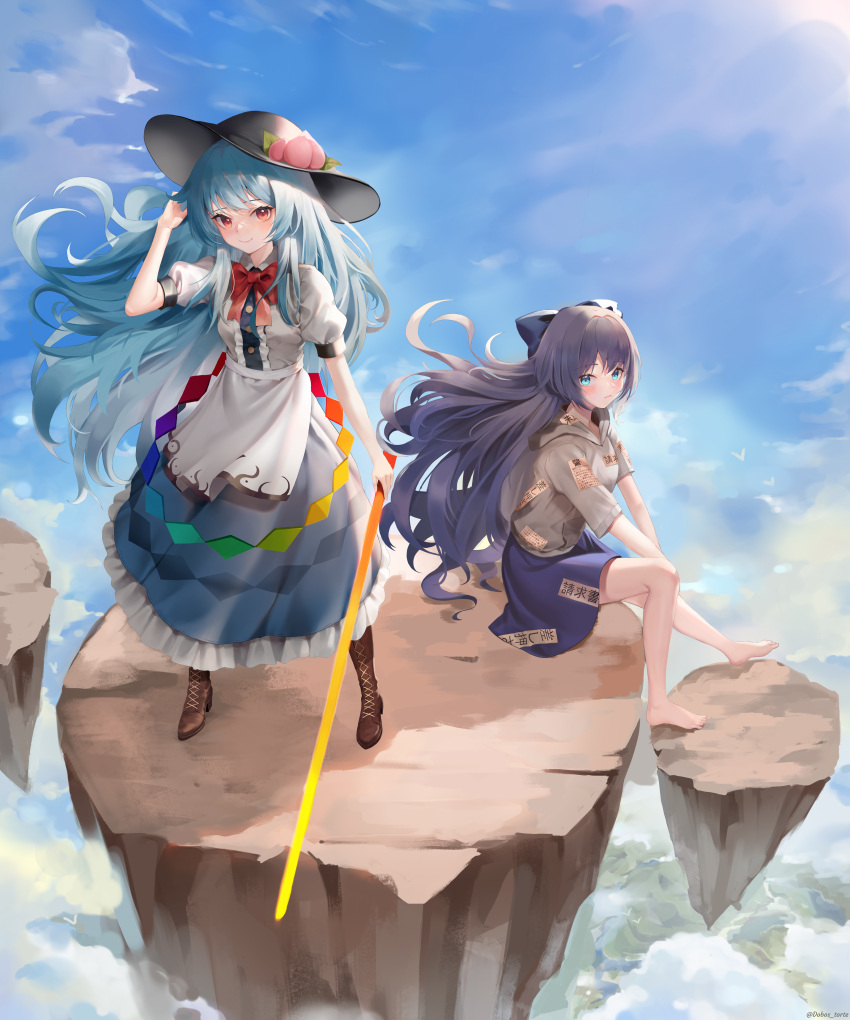 2girls absurdres barefoot blue_eyes blue_hair blue_skirt boots bow breasts clouds day debt dobostorte floating_rock food fruit full_body grey_hoodie hair_bow hand_up hat highres hinanawi_tenshi holding holding_sword holding_weapon hood hoodie long_hair looking_at_viewer multiple_girls outdoors peach rainbow_order red_eyes shirt sitting skirt small_breasts standing sword sword_of_hisou touhou very_long_hair weapon white_shirt yorigami_shion
