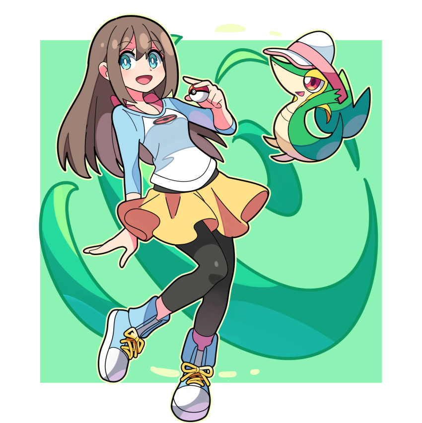 1girl :d black_pantyhose blue_footwear border bow bright_pupils brown_hair clothed_pokemon commentary_request eyelashes green_background green_eyes hair_down hand_up highres holding holding_poke_ball long_hair open_mouth outline pantyhose pantyhose_under_shorts pink_bow poke_ball poke_ball_(basic) pokemon pokemon_(creature) pokemon_(game) pokemon_bw2 raglan_sleeves rosa_(pokemon) shirt shoes short_shorts shorts smile sneakers snivy sutokame white_border white_pupils yellow_shorts