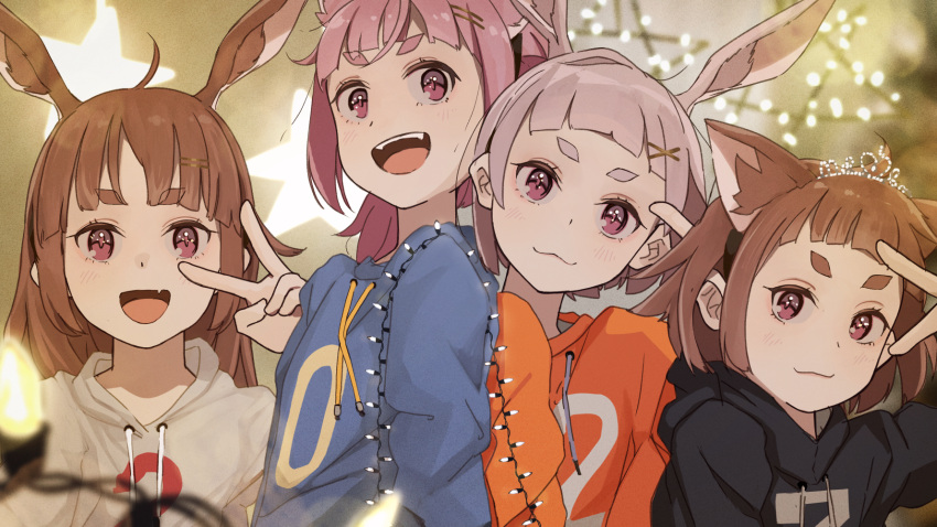 2023 4girls :3 :d ahoge animal_ears black_hoodie blue_hoodie blunt_bangs blurry blurry_background blurry_foreground blush bob_cut brown_hair casual cat_ears chinese_zodiac christmas_lights close-up commentary depth_of_field drawstring fang grey_hair hair_ornament hairclip head_tilt highres hikimayu hood hood_down hoodie light_blush long_hair long_sleeves looking_at_viewer multiple_girls orange_hoodie original pink_hair pointing pointing_at_self portrait rabbit_ears russian_commentary servachok short_eyebrows short_hair side-by-side skin_fang smile star_(symbol) teeth thick_eyebrows tiara upper_body upper_teeth_only v v_over_eye violet_eyes white_hood white_hoodie x_hair_ornament year_of_the_rabbit