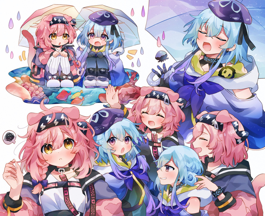 1boy 1girl :&lt; :o alternate_hairstyle animal_ears arknights beret black_gloves black_headband black_ribbon blue_hair blue_headwear blue_umbrella blush braid cape cat_ears cat_tail chibi closed_eyes clothing_cutout commentary coral creator_connection fish from_side full_body gloves goldenglow_(arknights) gradient_hair hair_between_eyes hair_rings hat hat_ribbon headband highres holding holding_umbrella hood hooded_cape infection_monitor_(arknights) jacket jellyfish light_blue_hair lightning_bolt_print long_hair messy_hair mizuki_(arknights) multicolored_hair multiple_views ocean open_clothes open_jacket open_mouth pink_hair pink_umbrella pout purple_hair ribbon shirt short_hair shoulder_cutout side_braid sidelocks simple_background smile spoken_squiggle squatting squiggle symbol-only_commentary tail takumi_mizuki umbrella upper_body violet_eyes water_drop white_background white_footwear white_shirt yellow_eyes