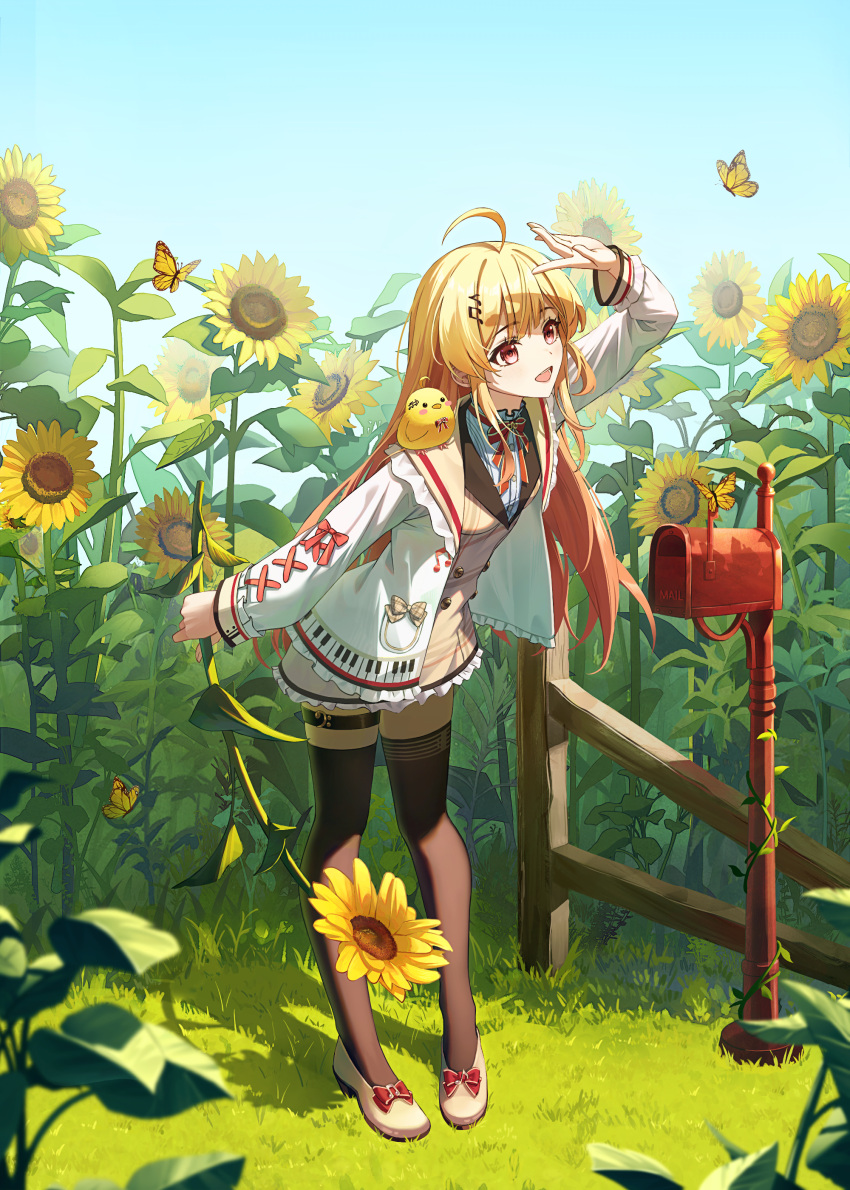 1girl absurdres ahoge asymmetrical_legwear bird blonde_hair blouse blue_sky bow bowtie breasts bug butterfly buttons chick commentary dappled_sunlight day double-breasted dress dress_shoes fence field floral_background flower flower_field footwear_bow frilled_dress frilled_jacket frills gradient_hair grass hair_ornament highres holding holding_flower hololive jacket leaning_forward long_hair mailbox_(incoming_mail) multicolored_hair musical_note musical_note_hair_ornament open_clothes open_jacket open_mouth orange_hair otonose_kanade outdoors piano_keys plant pocket print_jacket red_eyes shading_eyes shadow shirt short_dress sky small_breasts smile solo star-ring sunflower sunflower_field sunlight teeth thigh-highs thigh_strap vines virtual_youtuber white_jacket wooden_fence