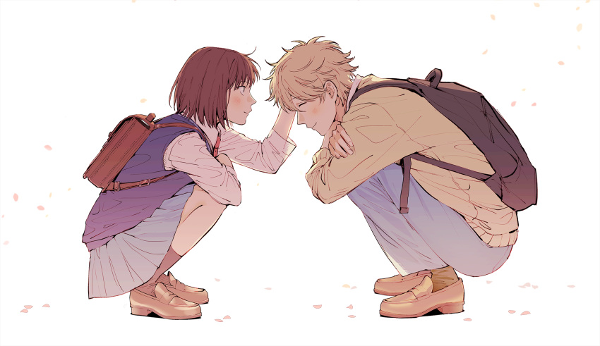 1boy 1girl backpack bag blonde_hair blue_skirt blue_vest bob_cut brown_bag brown_footwear brown_hair cardigan closed_eyes collared_shirt full_body hand_in_another's_hair highres iwakura_mitsumi loafers long_sleeves messy_hair necktie pants petals red_necktie school_uniform shima_sousuke shirt shoes short_hair simple_background skip_to_loafer skirt smile sophie_(693432) squatting vest white_background white_shirt yellow_cardigan