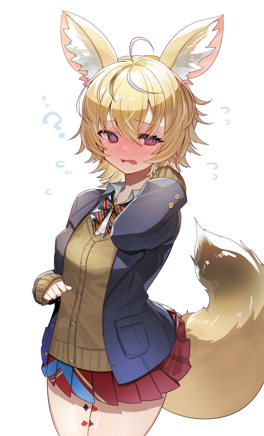 1girl ? @_@ absurdres ahoge animal_ear_fluff animal_ears black_hair black_jacket blazer blonde_hair blue_hair blue_skirt blush bow bowtie brown_cardigan cardigan collared_shirt cowboy_shot diagonal-striped_bowtie embarrassed flying_sweatdrops fox_ears fox_girl fox_tail full-face_blush hair_between_eyes hand_in_own_hair hands_up highres hololive jacket long_sleeves miniskirt multicolored_clothes multicolored_hair multicolored_skirt official_alternate_costume official_alternate_hair_length official_alternate_hairstyle omaru_polka omaru_polka_(4th_costume) open_clothes open_jacket open_mouth pink_hair pleated_skirt red_skirt school_uniform shirt short_hair simple_background skirt sleeves_past_wrists solo standing streaked_hair sui_hi_sf tail tears variant_set violet_eyes virtual_youtuber wavy_mouth white_background white_shirt