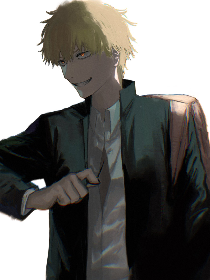 1boy backpack bag blonde_hair chainsaw_man denji_(chainsaw_man) highres kota_2kx looking_to_the_side orange_eyes parted_lips pull_cord sharp_teeth shirt short_hair simple_background smile solo teeth white_background white_shirt