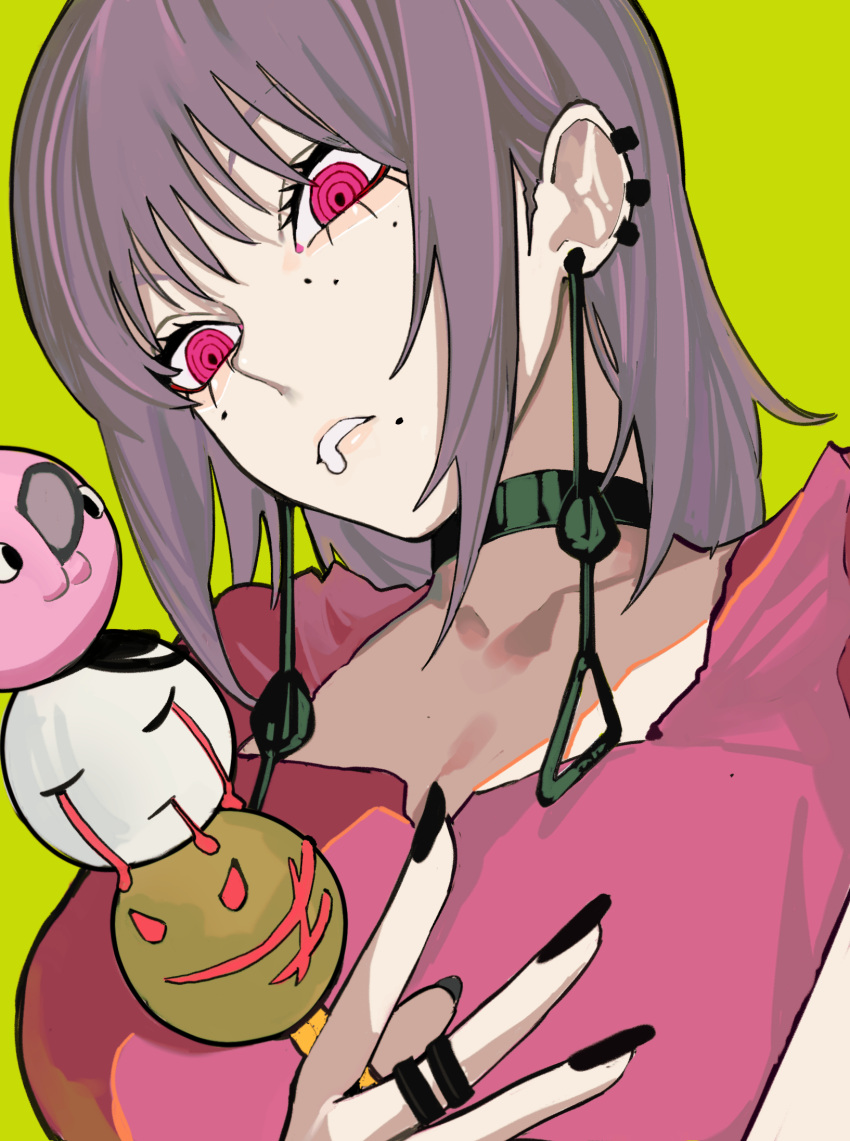 1girl black_choker black_nails chainsaw_man choker dango dress drooling earrings falling_devil_(chainsaw_man) fami_(chainsaw_man) food frilled_sleeves frills grey_hair highres jewelry looking_at_object multiple_moles open_mouth pink_dress pink_eyes pochita_(chainsaw_man) ring ringed_eyes sailen0 sanshoku_dango short_hair simple_background solo tassel tassel_earrings wagashi yellow_background yoru_(chainsaw_man)