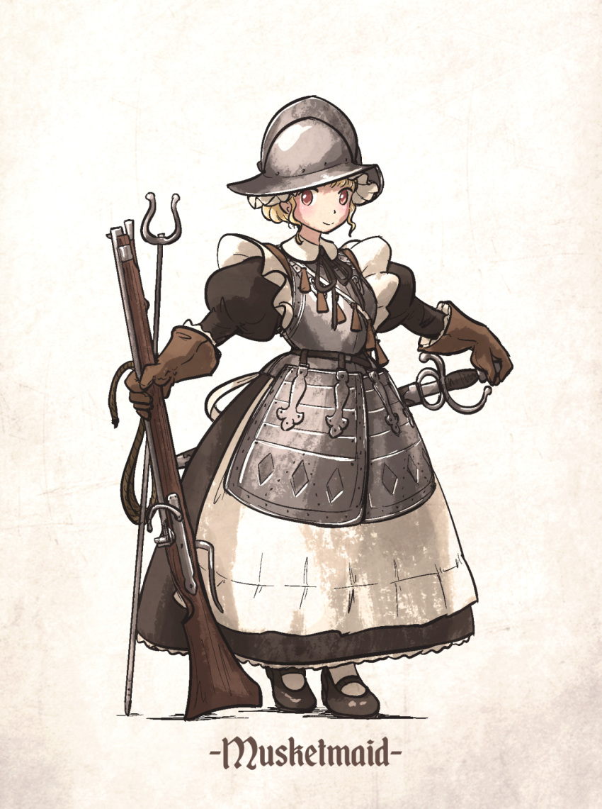 antique_firearm apron armor armored_dress blonde_hair chest_armor firelock gloves gun hand_on_hilt highres holding holding_gun holding_weapon ironlily long_sleeves maid maid_apron matchlock musket original puffy_long_sleeves puffy_sleeves red_eyes saber_(weapon) sword weapon white_apron
