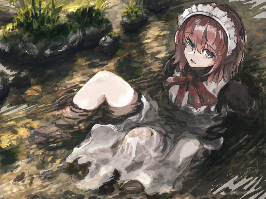 1girl apron black_dress blue_eyes bow bowtie dress highres hisui_(tsukihime) koromoya maid maid_apron maid_headdress moss nature open_mouth outdoors partially_submerged pond reclining red_bow red_bowtie redhead ripples rock single_bare_leg soaking_feet solo sunlight tsukihime tsukihime_(remake) twitter_username wet