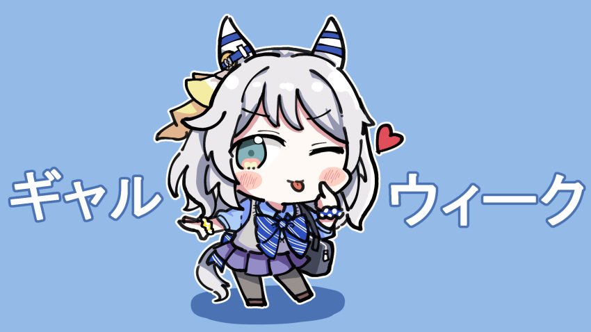 1girl alternate_uniform animal_ears bag blue_background blue_bow blue_bowtie blush_stickers bow bowtie cardigan_vest chibi commentary_request ear_covers gabeu_(miracle_t) green_eyes grey_hair grey_pantyhose gyaru heart highres hishi_miracle_(umamusume) horse_ears horse_girl horse_tail korean_commentary miniskirt mixed-language_commentary one_eye_closed outline pantyhose pink_eyes pleated_skirt purple_skirt school_bag short_sleeves shoulder_bag simple_background skirt solo striped striped_bow striped_bowtie tail tongue tongue_out translation_request two-tone_eyes umamusume