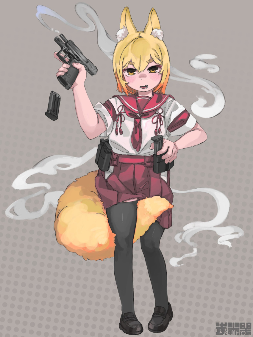 1girl animal_ear_fluff animal_ears black_footwear black_thighhighs blonde_hair commission fang fox_ears fox_girl fox_tail full_body gun highres holding holding_gun holding_weapon kuro4221 looking_at_viewer multicolored_hair open_mouth orange_eyes orange_hair original pleated_skirt red_sailor_collar red_skirt sailor_collar school_uniform serafuku shoes short_hair short_sleeves simple_background skeb_commission skirt smoke solo standing tail tassel thigh-highs weapon