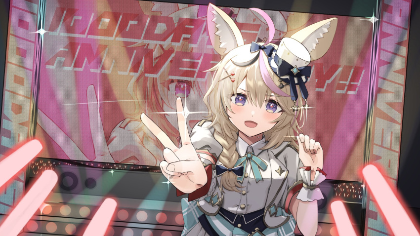 1girl ahoge animal_ears anniversary black_bow black_hair blonde_hair bow bowtie braid concert dress_shirt fox_ears fox_girl glint glowstick hair_between_eyes hair_bow hair_over_shoulder hand_up hat hat_bow heart heart-shaped_pupils highres hololive hololive_idol_uniform hololive_idol_uniform_(bright) idol idol_clothes jacket kumoi_sora looking_at_viewer medium_hair mini_hat multicolored_hair official_alternate_costume omaru_polka open_clothes open_jacket open_mouth outstretched_arm pink_hair puffy_short_sleeves puffy_sleeves screen shirt short_sleeves side_braid single_braid smile solo sparkle stage streaked_hair symbol-shaped_pupils v violet_eyes virtual_youtuber white_headwear white_jacket white_shirt wrist_cuffs