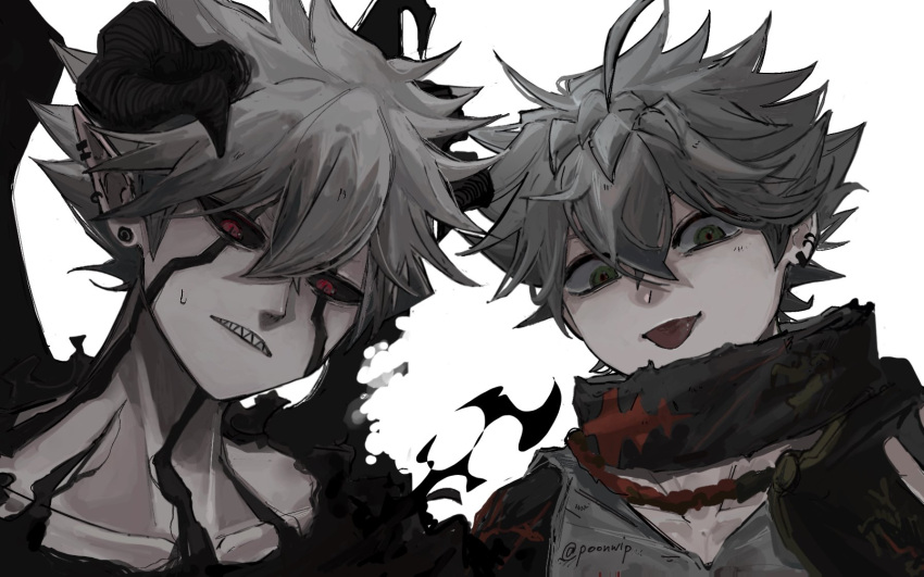 2boys asta_(black_clover) black_clover black_sclera colored_sclera demon_boy demon_horns green_eyes grey_hair highres horns liebe_(black_clover) male_focus multiple_boys open_mouth poonwip red_eyes sharp_teeth short_hair spiky_hair teeth tongue twitter_username white_background