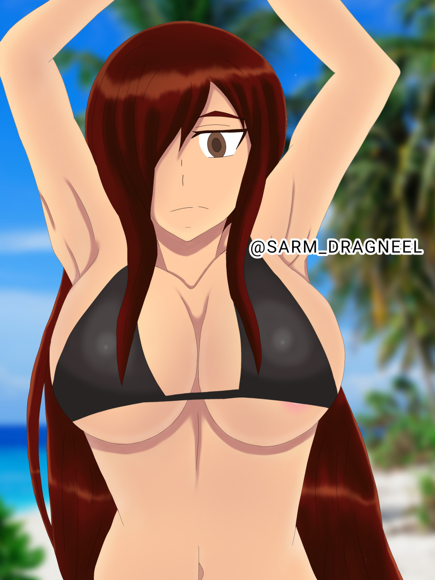 1girl absurdres artist_name barefoot bikini black_bikini blue_sky blush breasts erza_scarlet fairy_tail highres large_breasts long_hair looking_at_viewer non-web_source sarmdragneel sky solo swimsuit twitter_username