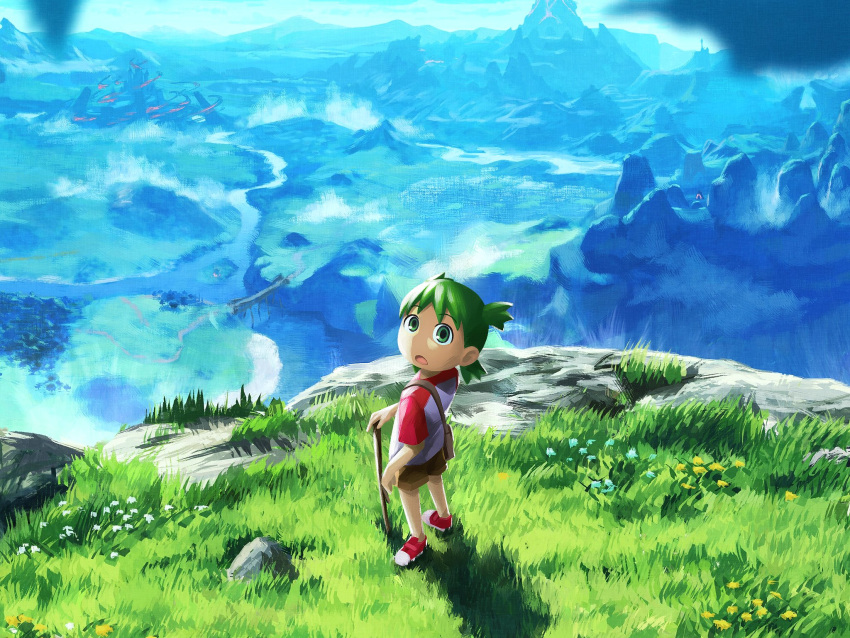 1girl brown_shorts day derivative_work full_body grass green_eyes green_hair highres koiwai_yotsuba labuyoi looking_at_viewer open_mouth outdoors quad_tails raglan_sleeves red_footwear scenery shirt shoes short_bangs short_hair shorts sneakers solo standing the_legend_of_zelda the_legend_of_zelda:_breath_of_the_wild white_shirt yotsubato!