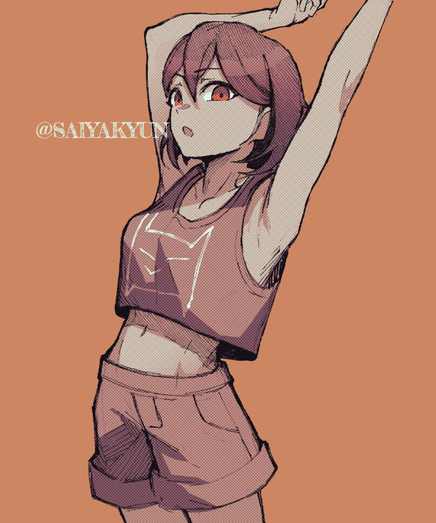 1girl armpits arms_up breasts commentary cowboy_shot crop_top english_commentary genderswap genderswap_(mtf) greyscale_with_colored_background highres kel_(omori) medium_breasts medium_hair midriff navel omori orange_background orange_eyes saiyakyun sepia shorts solo spot_color tank_top twitter_username