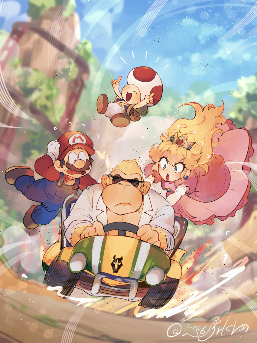 1girl absurdres blonde_hair blue_eyes crown dress earrings facial_hair gloves go-kart gorilla hair_flowing_over hanaon hat highres jewelry long_hair looking_at_viewer mario mario_kart mustache open_mouth overalls pink_dress princess_peach super_mario_bros. the_super_mario_bros._movie toad_(mario) white_gloves
