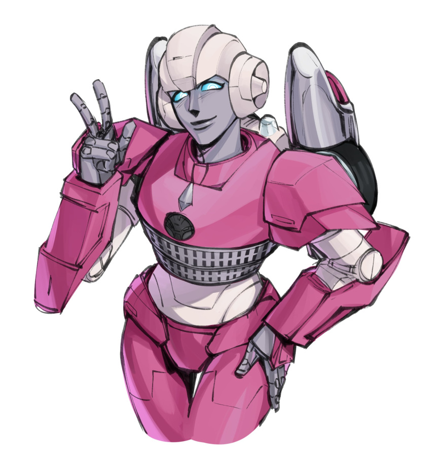 1girl arcee autobot blue_eyes cowboy_shot english_commentary hand_on_own_hip hand_on_own_thigh highres mecha robot sin0ky smile solo transformers transformers:_earthspark v wheel white_background