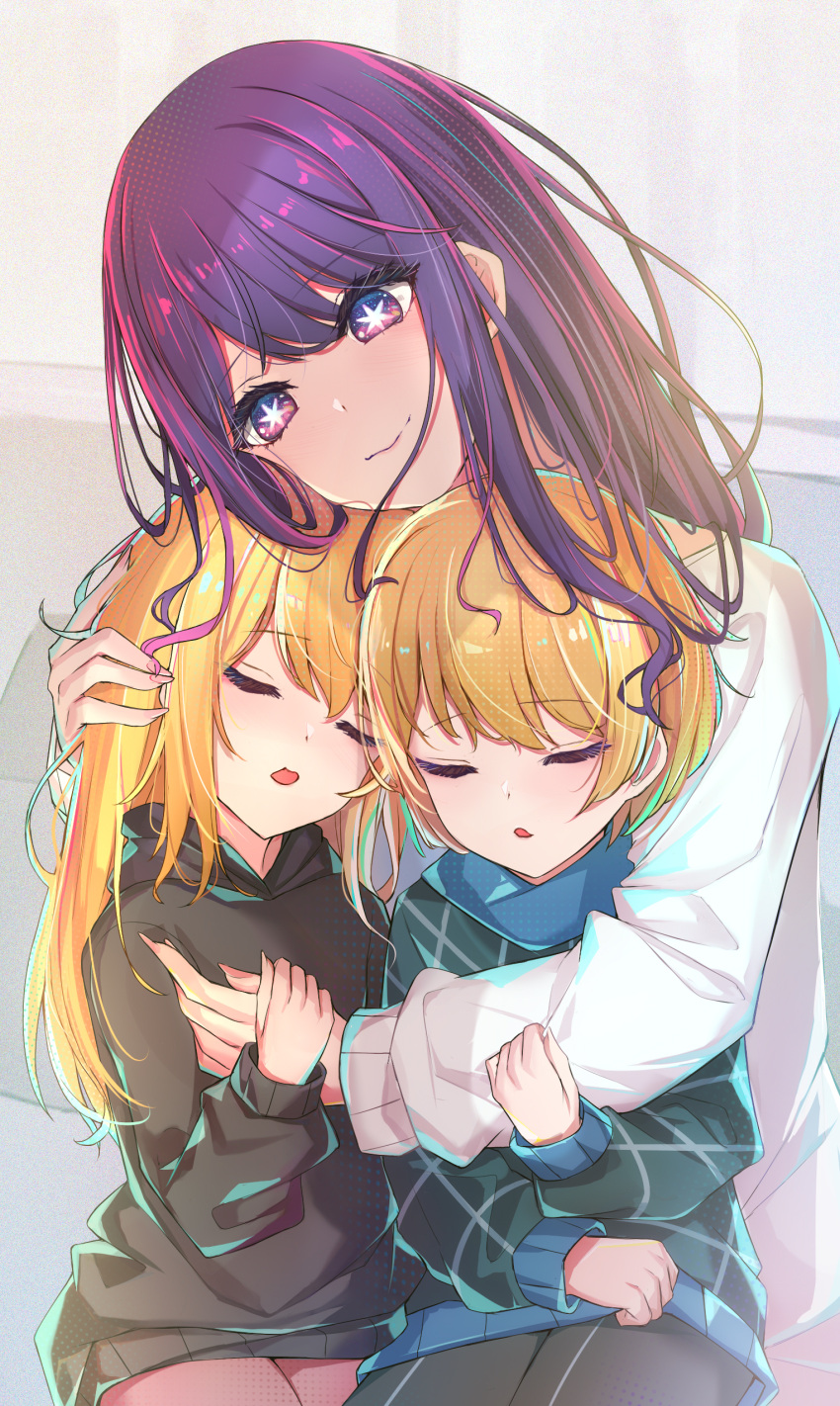 1boy 2girls absurdres black_hoodie blonde_hair closed_mouth commentary head_hug highres hood hoodie hoshino_ai_(oshi_no_ko) hoshino_aquamarine hoshino_ruby hug long_hair mother_and_daughter mother_and_son multicolored_eyes multiple_girls open_mouth oshi_no_ko parted_lips purple_hair sherryqq short_hair siblings sidelocks sleeping star-shaped_pupils star_(symbol) sweater symbol-shaped_pupils twins violet_eyes white_sweater