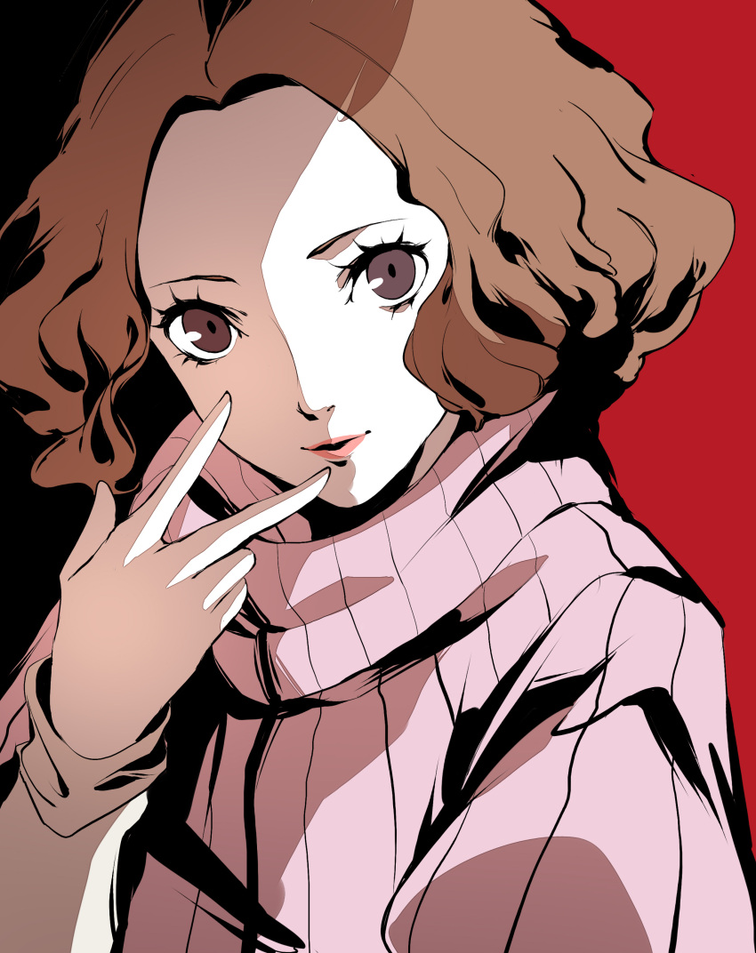 1girl absurdres brown_eyes brown_hair highres lips long_sleeves looking_at_viewer official_style okumura_haru persona persona_5 pertex_777 pink_sweater short_hair smile sweater turtleneck turtleneck_sweater two-tone w