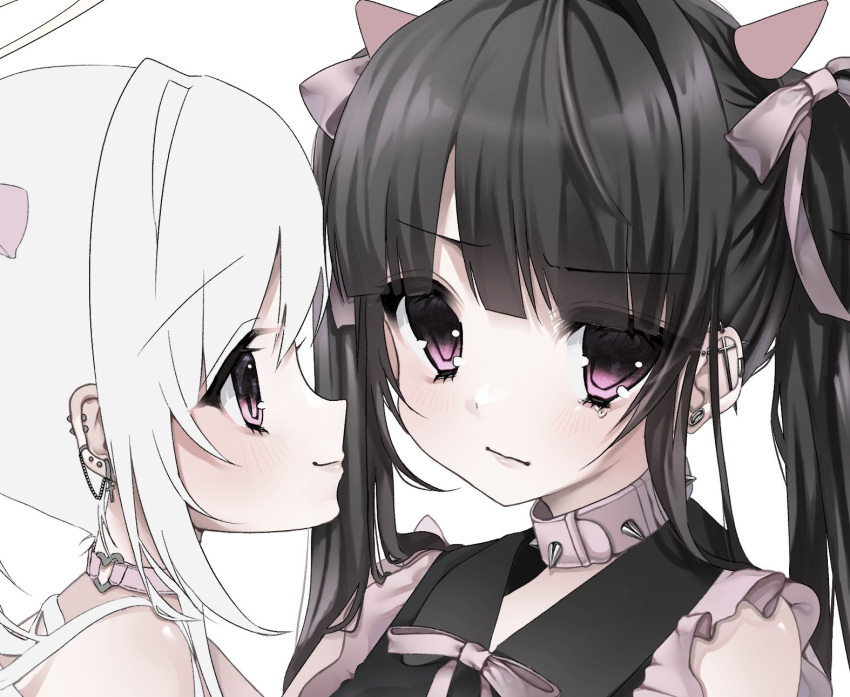 2girls black_dress black_eyes black_hair blunt_bangs blush bow choker collar collared_dress commentary_request dress earrings eyes_visible_through_hair frilled_dress frills hair_intakes hair_ribbon heart heart_choker highres horns jewelry looking_at_another looking_at_viewer multicolored_clothes multicolored_dress multiple_girls original pink_bow pink_dress portrait ribbon sidelocks simple_background sleeveless sleeveless_dress smile spiked_collar spikes twintails usausausabarasi white_background white_hair yuri