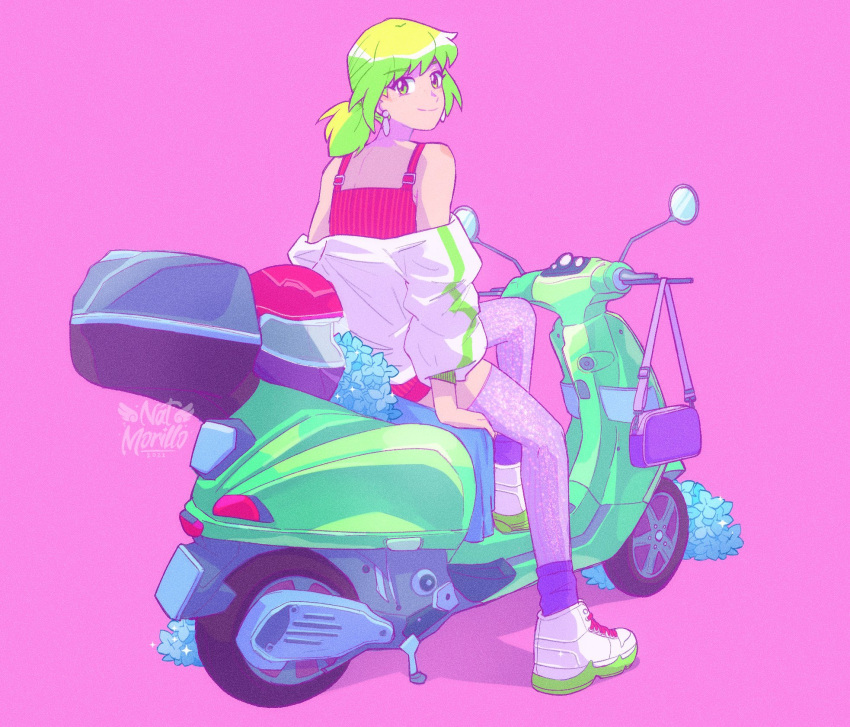 1girl artist_logo bag bare_shoulders blue_flower earrings flower green_eyes green_hair handbag highres jacket jacket_partially_removed jewelry looking_at_viewer looking_back low_ponytail medium_hair motor_vehicle motorcycle natnatart original pink_background puffy_sleeves purple_socks purple_thighhighs shirt shoes sleeveless sleeveless_shirt smile sneakers socks thigh-highs white_jacket