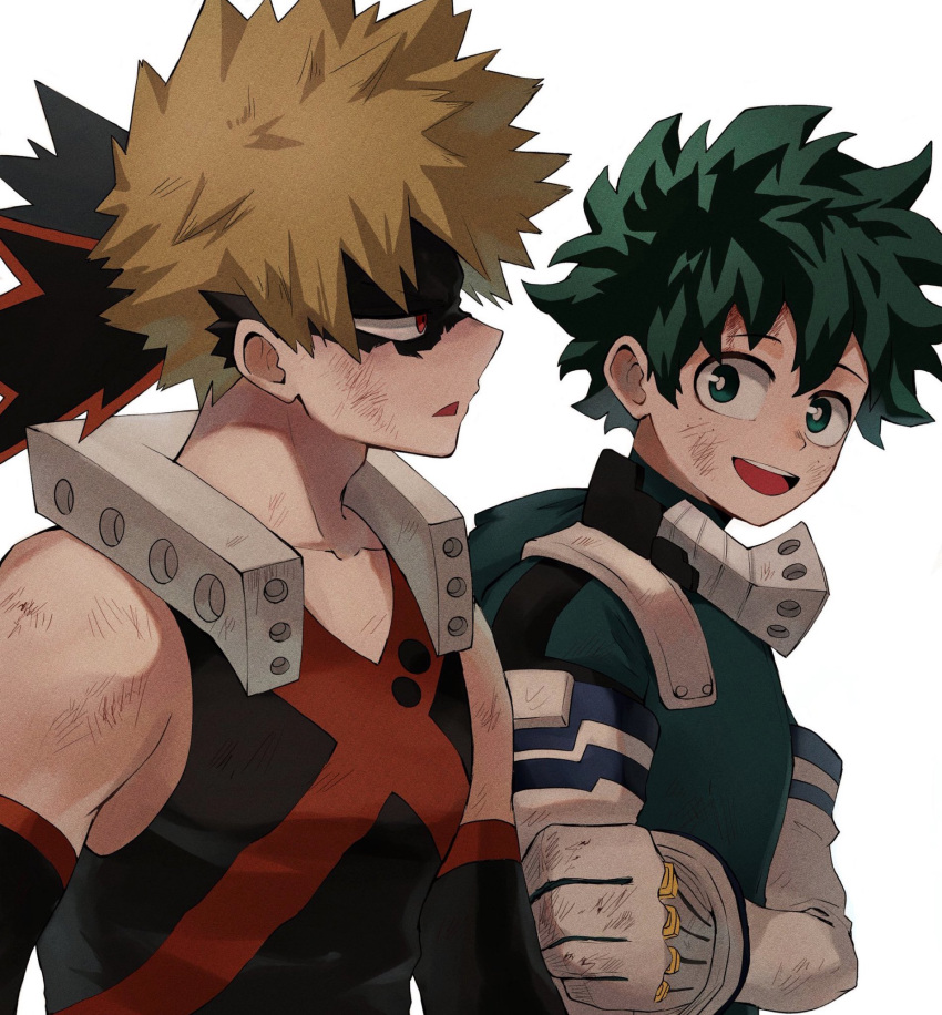 2boys :d bakugou_katsuki bare_shoulders black_tank_top bleeding blonde_hair blood blood_on_face bodysuit boku_no_hero_academia bright_pupils curly_hair detached_sleeves dirty dirty_clothes eye_mask film_grain freckles from_side gloves green_bodysuit green_eyes green_hair hair_between_eyes hand_up headgear highres keta_(peeepeenope) looking_at_another looking_away looking_to_the_side male_focus midoriya_izuku multiple_boys open_mouth parted_lips profile red_eyes scratches short_hair side-by-side sideways_mouth simple_background sleeveless smile spiky_hair tank_top teeth torn_mask upper_body upper_teeth_only v-neck white_background white_gloves white_pupils x