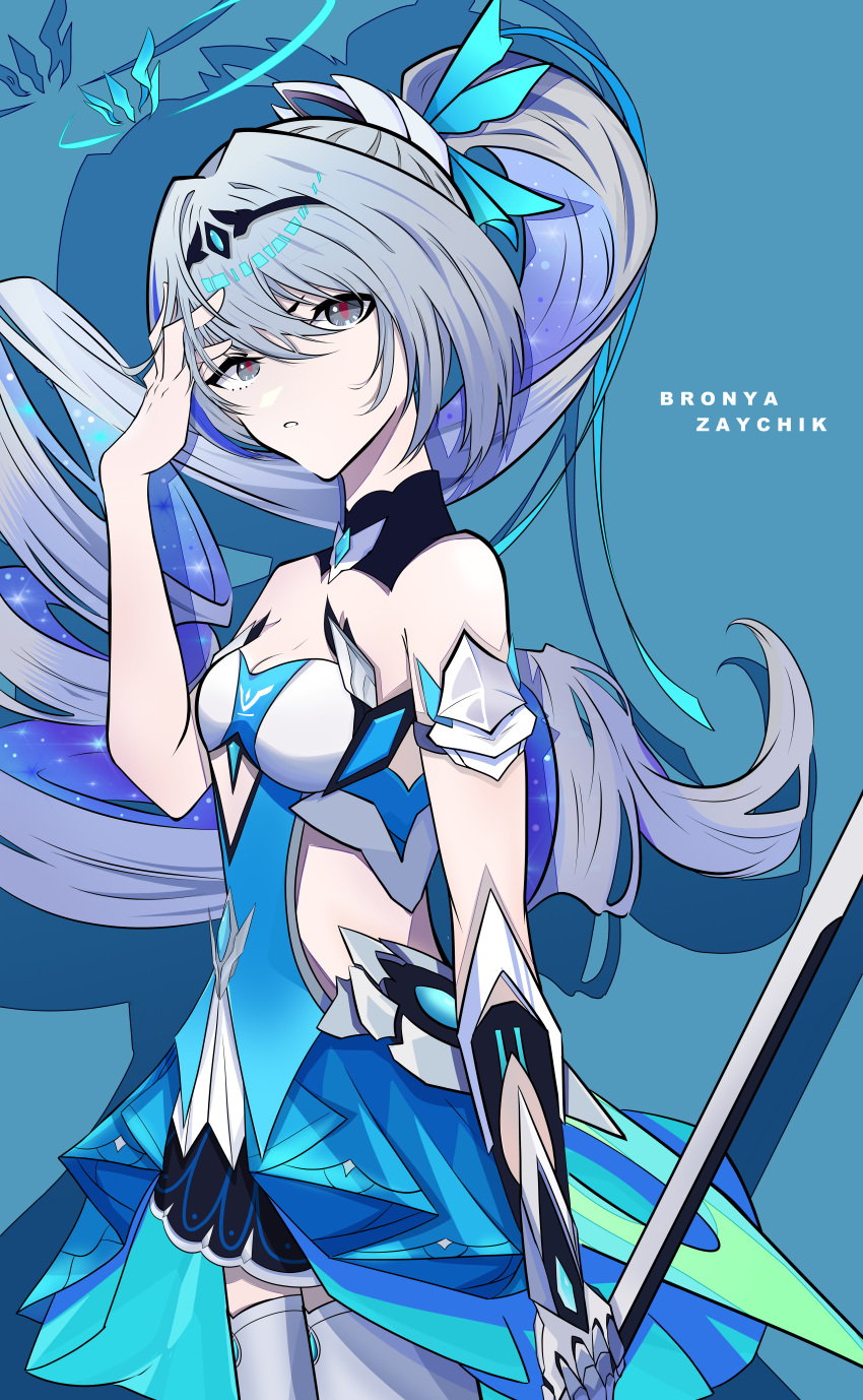 19c_(user_aevy3587) 1girl absurdres blue_background bronya_zaychik bronya_zaychik_(herrscher_of_reason) character_name character_request curly_hair dress grey_eyes grey_hair halo high_ponytail highres holding holding_sword holding_weapon honkai_(series) honkai_impact_3rd multicolored_eyes official_alternate_costume official_alternate_hairstyle parted_lips red_eyes solo sword teeth weapon