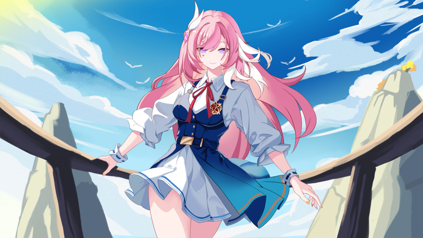 151472 1girl absurdres bird blonde_hair blue_corset blue_sky closed_mouth clouds cloudy_sky collared_dress corset dress elysia_(honkai_impact) facial_mark heart_on_cheek highres honkai_(series) honkai_impact_3rd long_sleeves looking_at_viewer multicolored_hair neck_ribbon pink_hair red_ribbon ribbon seagull sky smile solo tree violet_eyes white_dress white_hair