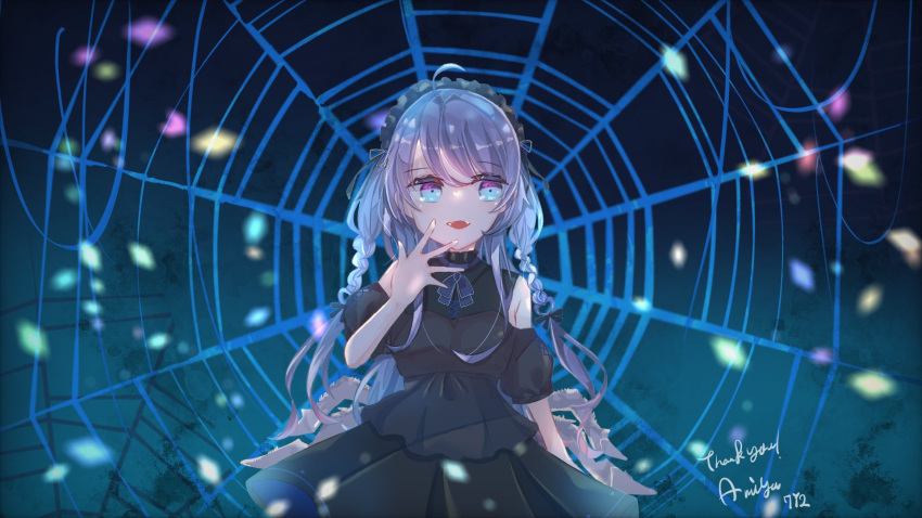 1girl 712_(712_nnn) alternate_costume amiya_aranha arthropod_limbs black_dress black_hairband blue_eyes braid character_name clothing_cutout commission dress fangs hairband highres light_particles lolita_hairband long_hair looking_to_the_side open_mouth purple_hair second-party_source shoulder_cutout silk skeb_commission smile solo spider_web tsunderia two_side_up very_long_hair virtual_youtuber