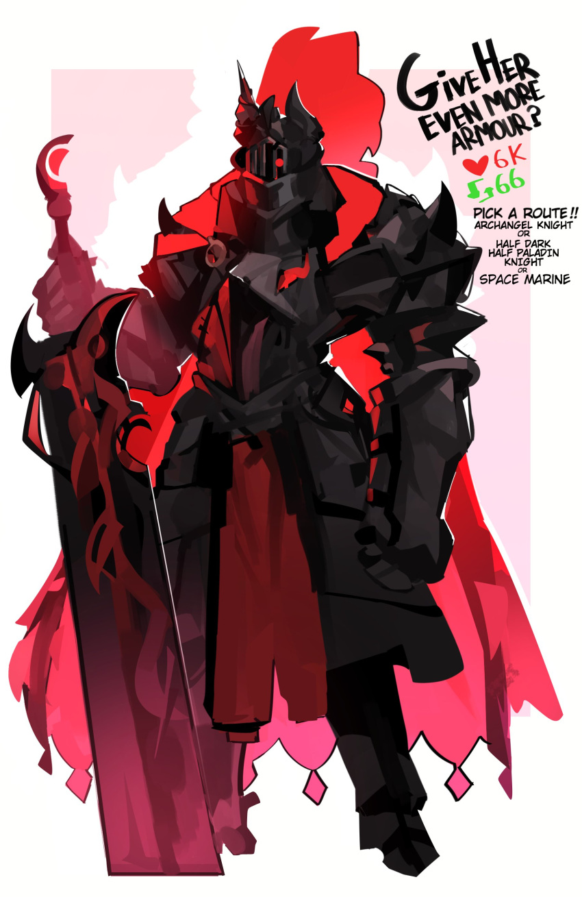 1girl absurdres armor black_armor cape clenched_hand english_text facing_viewer full_armor full_body gauntlets greatsword helm helmet highres holding holding_sword holding_weapon meme original red_cape red_eyes solo standing sword twitter_strip_game_(meme) vivelia weapon