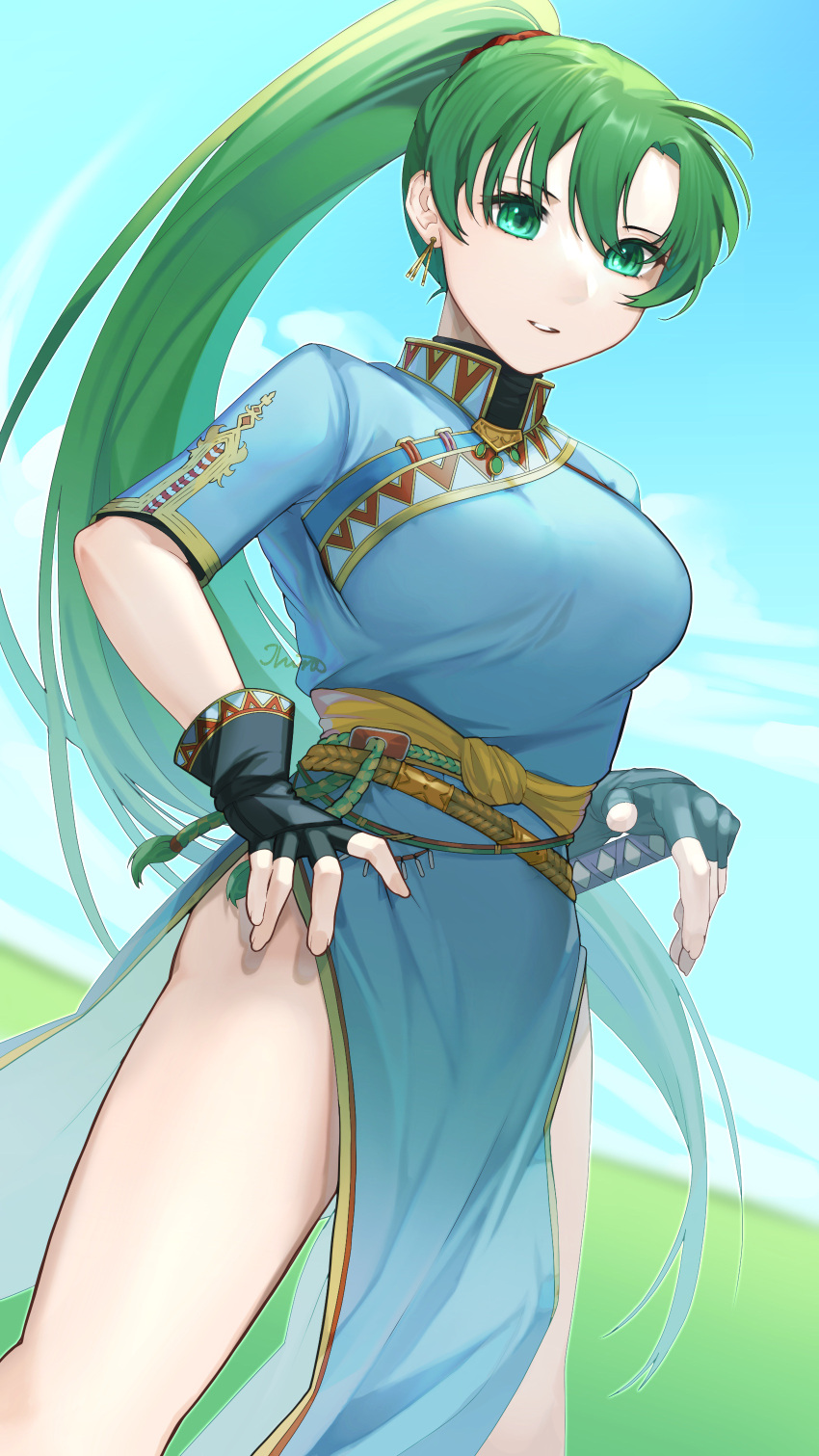 1girl absurdres black_gloves blue_dress blue_sky breasts china_dress chinese_clothes clouds commentary_request day dress earrings fingerless_gloves fire_emblem fire_emblem:_the_blazing_blade gloves green_eyes green_hair highres ikura_(downdexp) jewelry large_breasts long_hair looking_at_viewer lyn_(fire_emblem) outdoors parted_bangs pelvic_curtain ponytail short_sleeves signature sky solo sword very_long_hair weapon