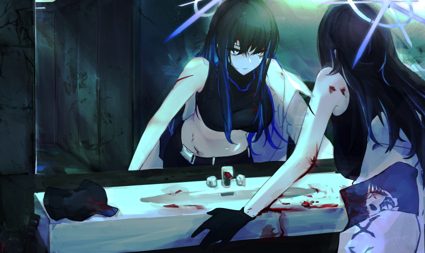 1girl baseball_cap black_armband black_gloves blood blue_archive blue_eyes blue_hair gloves halo hat hicago7 highres jacket long_hair looking_at_mirror mirror saori_(blue_archive) solo stomach white_jacket
