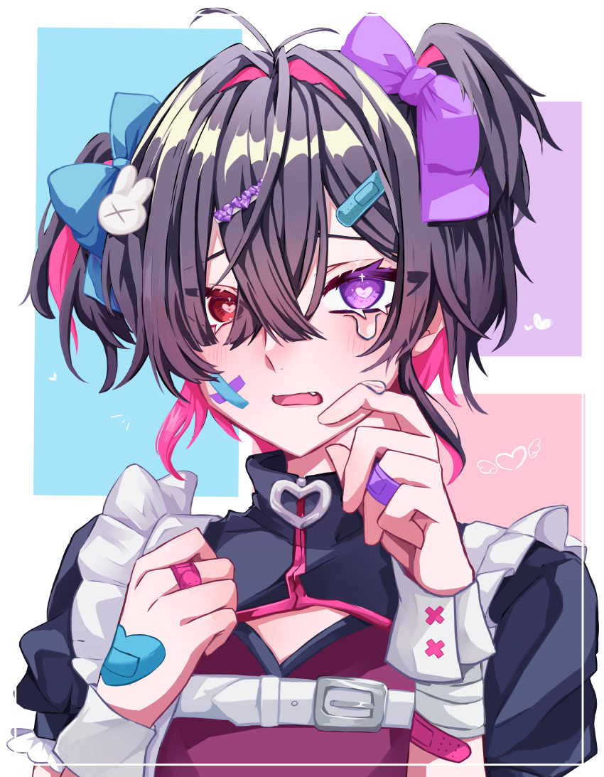 1boy absurdres bandaged_arm bandages bandaid bandaid_hair_ornament bandaid_on_cheek bandaid_on_face black_hair crazy crying crying_with_eyes_open hair_ornament harness heart heart-shaped_pupils heterochromia highres maid maid_headdress male_focus multicolored_hair noma_ebi open_mouth original otoko_no_ko pink_hair rabbit_hair_ornament red_eyes symbol-shaped_pupils tears twintails uneven_twintails violet_eyes yami_kawaii