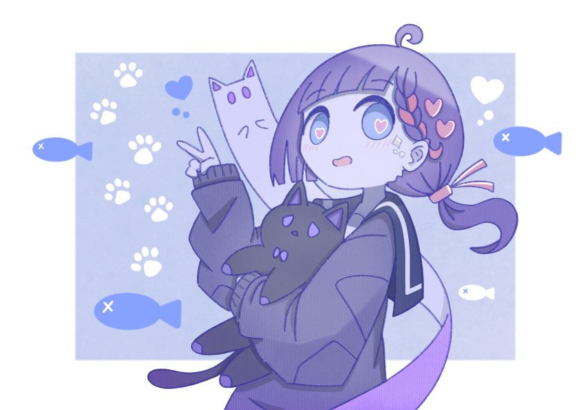 1girl :d ahoge animal black_cardigan blue_background blue_eyes blue_theme blunt_bangs blunt_ends blush bow bowtie braid cardigan cat cathead d: diamond_(shape) fish ghost hair_ornament hair_tie heart heart-shaped_pupils highres holding holding_animal holding_cat long_sleeves looking_at_viewer no_nose omochi_noa original paw_print ponytail sailor_collar school_uniform serafuku shirt short_hair simple_background single_braid smile solid_oval_eyes symbol-shaped_pupils triangle_mouth uniform v violet_eyes x_x