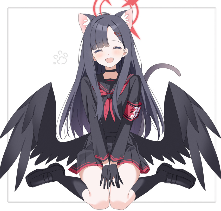 1girl ^_^ animal_ear_fluff animal_ears armband asymmetrical_bangs black_choker black_footwear black_gloves black_hair black_sailor_collar black_serafuku black_shirt black_skirt black_socks black_wings blue_archive blunt_bangs blush cat_ears cat_girl cat_tail choker closed_eyes commentary extra_ears feathered_wings full_body gloves halo highres ichika_(blue_archive) kemonomimi_mode kneehighs loafers long_hair long_sleeves low_wings mary_janes neckerchief nekoln open_mouth own_hands_together paw_print pleated_skirt red_armband red_neckerchief revision safety_pin sailor_collar school_uniform serafuku shirt shoes sidelocks simple_background sitting skirt smile socks solo straight_hair tail wariza white_background wings