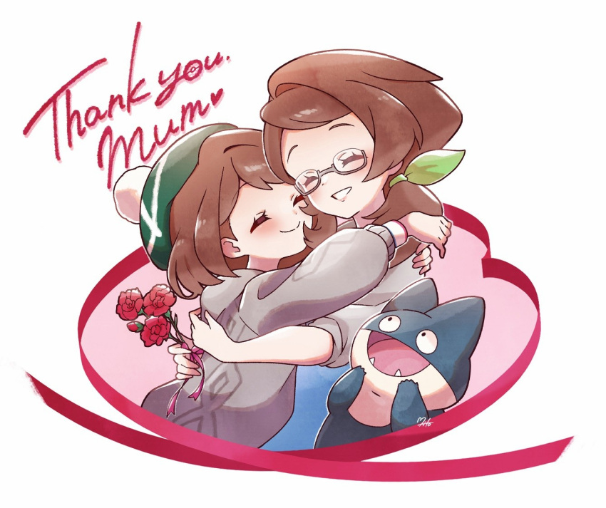 2girls affectionate blush brown_hair cardigan closed_eyes closed_mouth commentary eyelashes flower from_side galar_mother glasses gloria_(pokemon) green_ribbon grey_cardigan grin hair_ribbon hat holding holding_flower hug mito_(mtkg2884) mother's_day mother_and_daughter multiple_girls munchlax pokemon pokemon_(creature) pokemon_(game) pokemon_swsh ponytail red_flower ribbon semi-rimless_eyewear smile tam_o'_shanter teeth thank_you