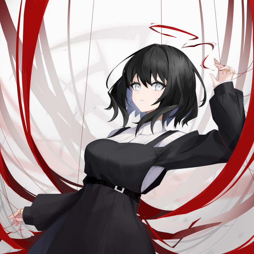1girl absurdres alchemy_stars anri_(user_ncce8585) belt black_dress black_hair breasts clothing_cutout dress grey_eyes hair_intakes highres jewelry lenore_(alchemy_stars) long_sleeves looking_at_viewer medium_breasts medium_hair multiple_rings off-shoulder_dress off_shoulder open_mouth puffy_long_sleeves puffy_sleeves ring shirt sleeves_past_wrists solo string turtleneck upper_body white_shirt