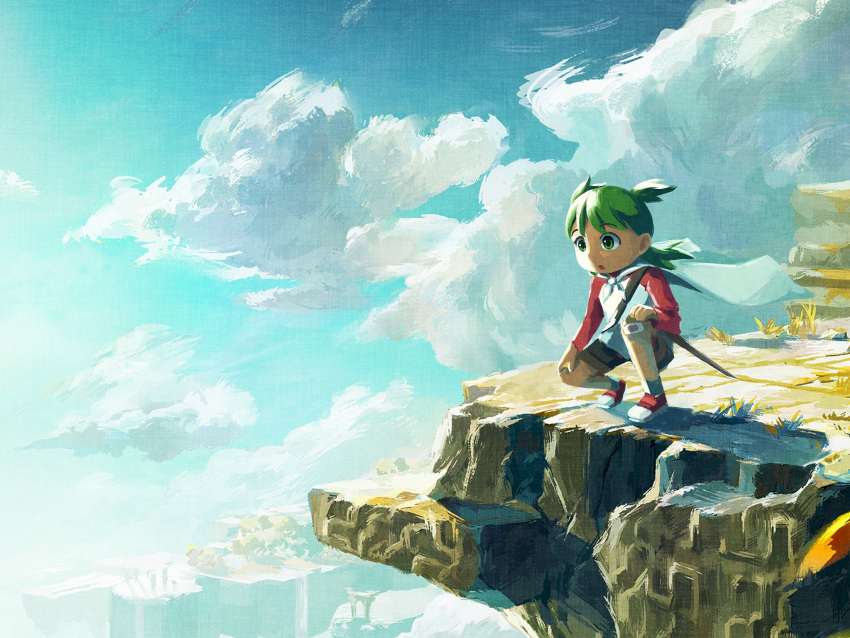 1girl blue_sky brown_shorts clouds day derivative_work full_body green_eyes green_hair highres koiwai_yotsuba labuyoi open_mouth outdoors quad_tails raglan_sleeves red_footwear scenery shirt shoes short_bangs short_hair shorts sky sneakers solo squatting the_legend_of_zelda the_legend_of_zelda:_tears_of_the_kingdom white_shirt yotsubato!
