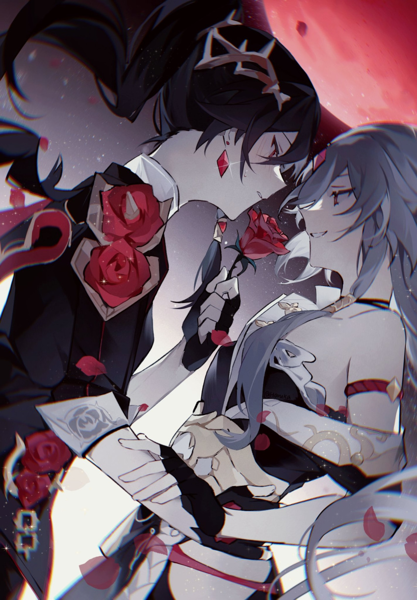2girls bare_shoulders black_gloves black_hair blush breasts chinese_clothes dual_persona earrings evil_smile falling_petals fingerless_gloves flower fu_hua fu_hua_(herrscher_of_sentience) fu_hua_(shadow_knight) gloves grey_hair hand_on_another's_hip haruka_(rsyaooooo) high_ponytail highres holding holding_another's_arm holding_flower honkai_(series) honkai_impact_3rd jewelry looking_at_another moon multiple_girls official_alternate_costume outdoors parted_lips petals red_eyes red_flower red_moon red_rose rose selfcest small_breasts smile smirk sparkle sweatdrop upper_body yuri
