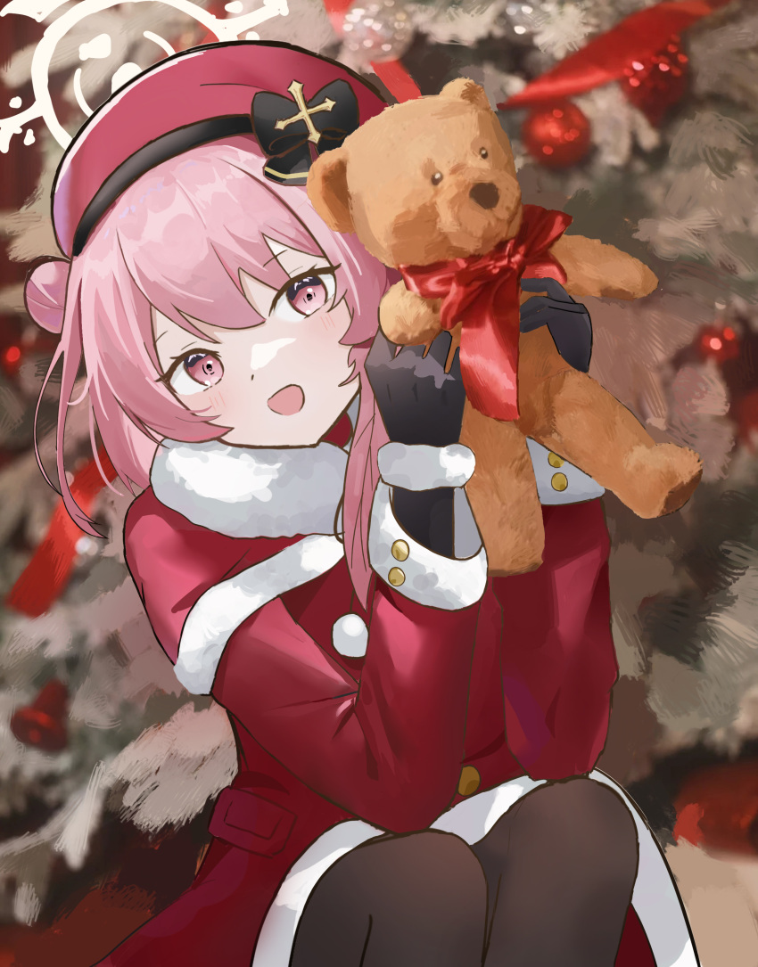 1girl absurdres black_gloves black_pantyhose black_ribbon blue_archive feather_hair gloves halo highres official_alternate_costume pantyhose pink_eyes pink_hair ribbon santa_costume serina_(blue_archive) serina_(christmas)_(blue_archive) short_hair solo zhoulao