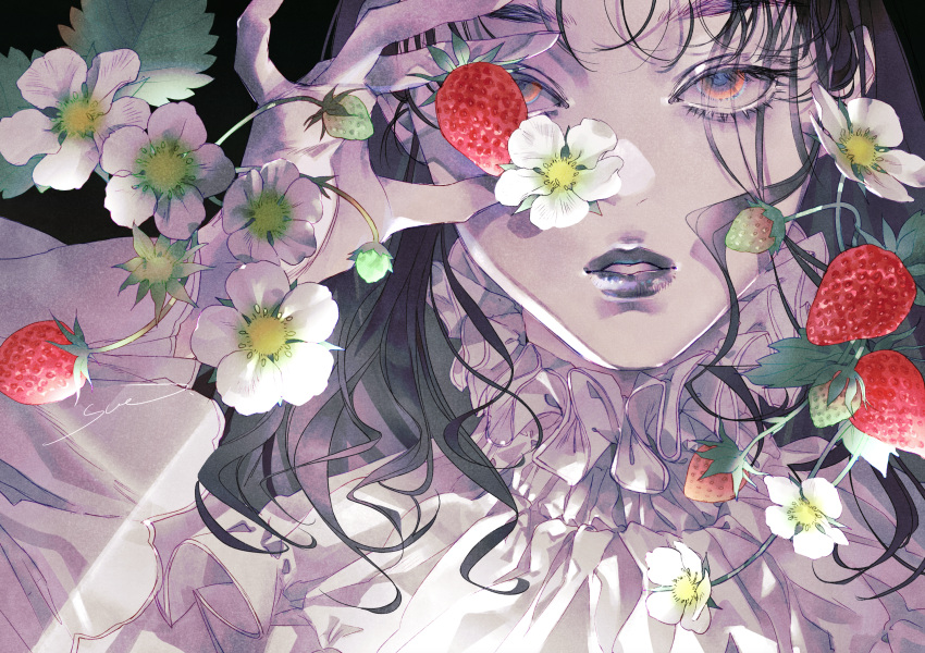 1girl black_hair clip_studio_paint_(medium) dress flower food frills fruit highres holding holding_food holding_fruit long_hair looking_at_viewer open_mouth original parted_lips purple_lips signature solo strawberry two-tone_eyes white_dress white_flower yue_(memento1113)