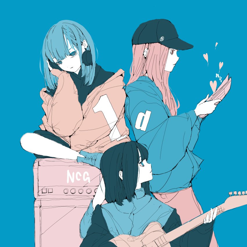 3girls absurdres baggy_clothes black_hair black_jacket black_shirt black_shorts blue_background blue_eyes blue_hair blue_jacket blue_theme brown_jacket commentary_request guitar headphones heart high_collar highres holding holding_instrument instrument jacket listening_to_music long_bangs long_hair long_sleeves looking_at_viewer looking_to_the_side medium_hair multiple_girls nocopyrightgirl original pale_skin parted_lips pink_eyes pink_hair shirt shoes shorts sitting sleeves_past_wrists speaker upper_body