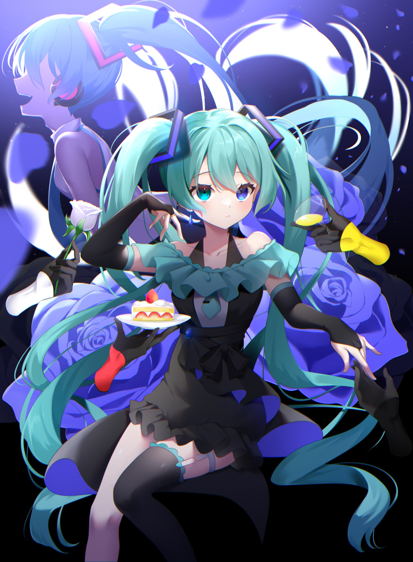 1girl absurdres aoitsuki aqua_eyes aqua_hair black_dress black_gloves black_thighhighs blue_eyes blue_flower blue_rose bridal_gauntlets cake closed_mouth commentary cup disembodied_limb dress drinking_glass earrings elbow_gloves flower food garter_straps gloves hair_ornament halterneck hatsune_miku heterochromia highres holding holding_cup holding_flower holding_saucer jewelry light_frown long_hair looking_at_viewer multiple_others petals rose saucer short_dress single_thighhigh sitting solo thigh-highs thigh_strap twintails very_long_hair vocaloid white_flower white_rose wine_glass