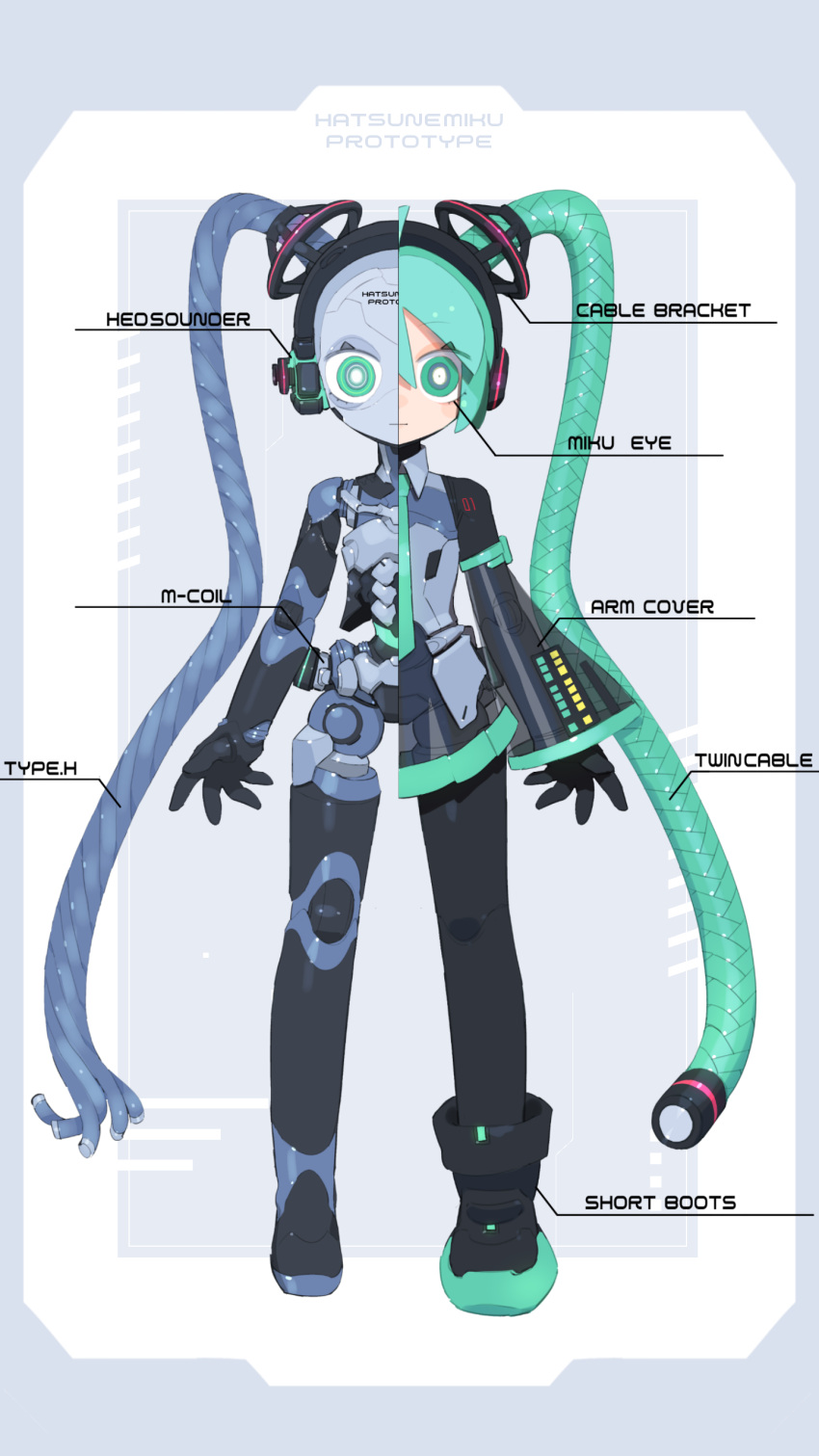 1girl absurdres ahoge android aqua_eyes aqua_hair aqua_necktie blueprint_(medium) boots bright_pupils cable cable_hair cheri_zao closed_mouth commentary concept_art cross-section detached_sleeves expressionless full_body green_eyes green_hair hatsune_miku headgear headphones highres joints long_hair looking_at_viewer mechanical_parts mechanization necktie number_tattoo robot robot_girl robot_joints science_fiction see-through see-through_skirt see-through_sleeves skirt solo standing straight-on tattoo twintails very_long_hair vocaloid