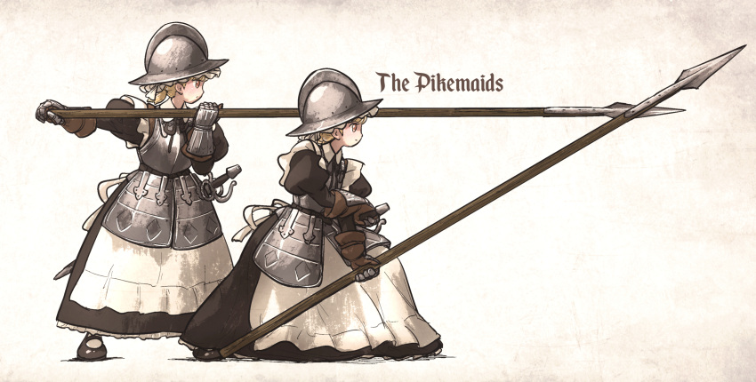 2girls apron armor black_dress black_ribbon blonde_hair breastplate brown_eyes chest_armor commentary dress english_text gauntlets gloves hand_on_hilt helmet highres holding holding_polearm holding_weapon huge_weapon ironlily juliet_sleeves long_sleeves looking_at_viewer maid maid_apron mary_janes multiple_girls neck_ribbon original pike polearm puffy_sleeves ribbon shoes standing symbol-only_commentary weapon wing_collar
