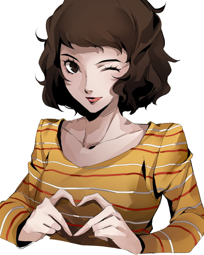 1girl black_eyes black_hair closed_mouth cropped_torso heart heart_hands highres kawakami_sadayo lips long_sleeves one_eye_closed persona persona_5 pertex_777 pink_lips shirt short_hair simple_background smile solo striped striped_shirt white_background yellow_shirt