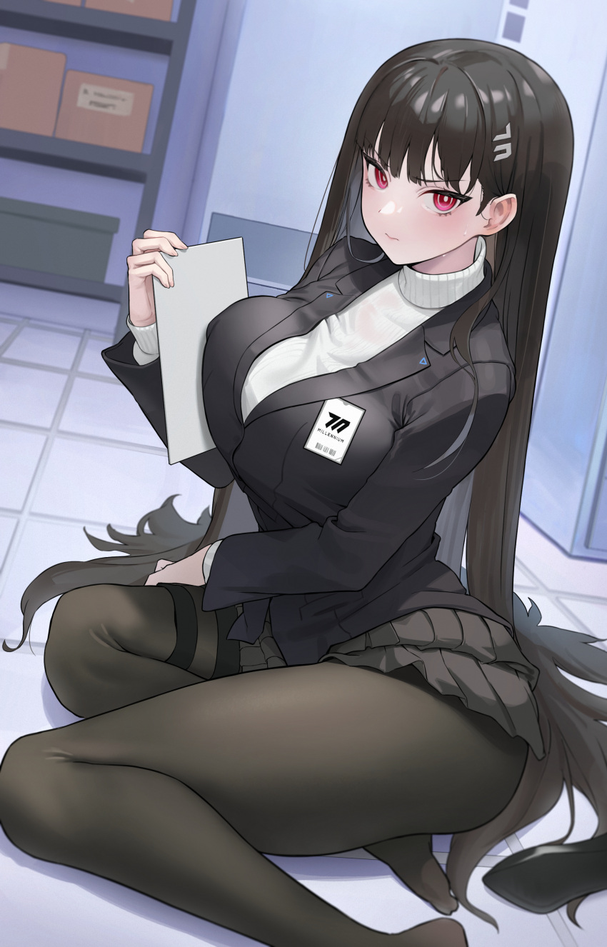 1girl absurdres black_hair black_pantyhose black_skirt blue_archive blunt_bangs blush breasts bright_pupils hair_ornament hairclip highres holding holding_tablet_pc holster ildy jacket large_breasts long_hair long_sleeves looking_at_viewer pantyhose pleated_skirt red_eyes rio_(blue_archive) skirt solo sweater tablet_pc thigh_holster turtleneck turtleneck_sweater very_long_hair white_sweater